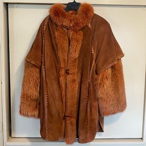 Toppolino Burnt Orange Leather Fox Fur-Trimmed Women's Coat